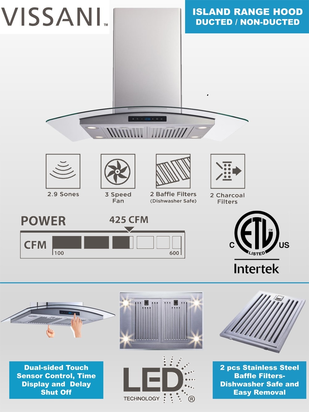 Vissani 36 in. W Convertible Glass Island Mount Range Hood with Dual
